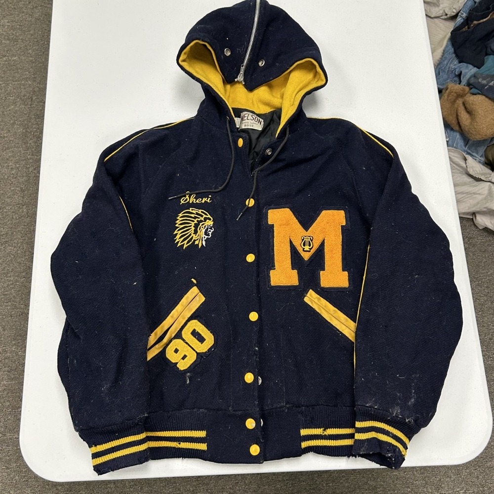 Nelson Varsity Jacket Mens M Navy Yellow Fair Hooded Wool Letterman 90 Patch